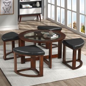 Solid Wood Glass Top Coffee Table w/ Stools